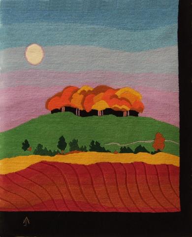 Autumn Clump, hand dyed, hand spun, hand woven wool carpet, 106 x 86 cm