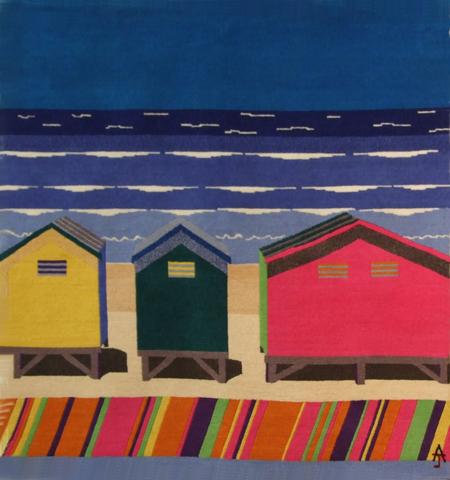 Beach Huts, hand dyed, hand spun, hand woven wool and silk carpet, 116 x 108 cm