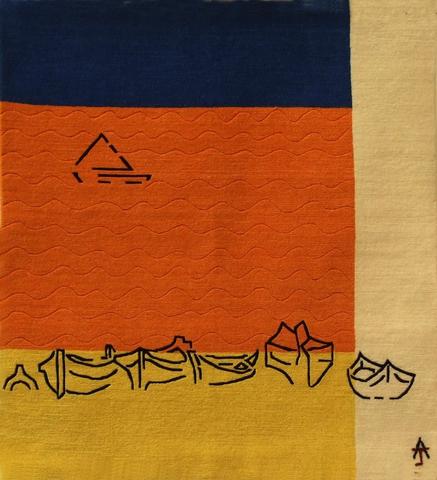 Boats, hand dyed, hand spun, hand woven wool carpet, 91 x 85 cm