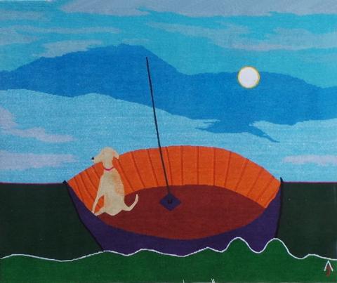 Lone Sailor, hand dyed, hand spun, hand woven wool and silk carpet 104 x 123 cm