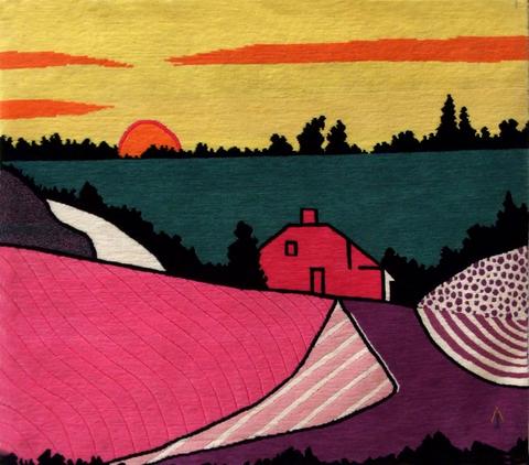 Red Farmhouse, hand dyed, hand spun, hand woven wool carpet, 97 x 108 cm